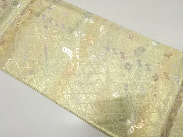 蝶に籠目・草花模様織り出し　袋帯